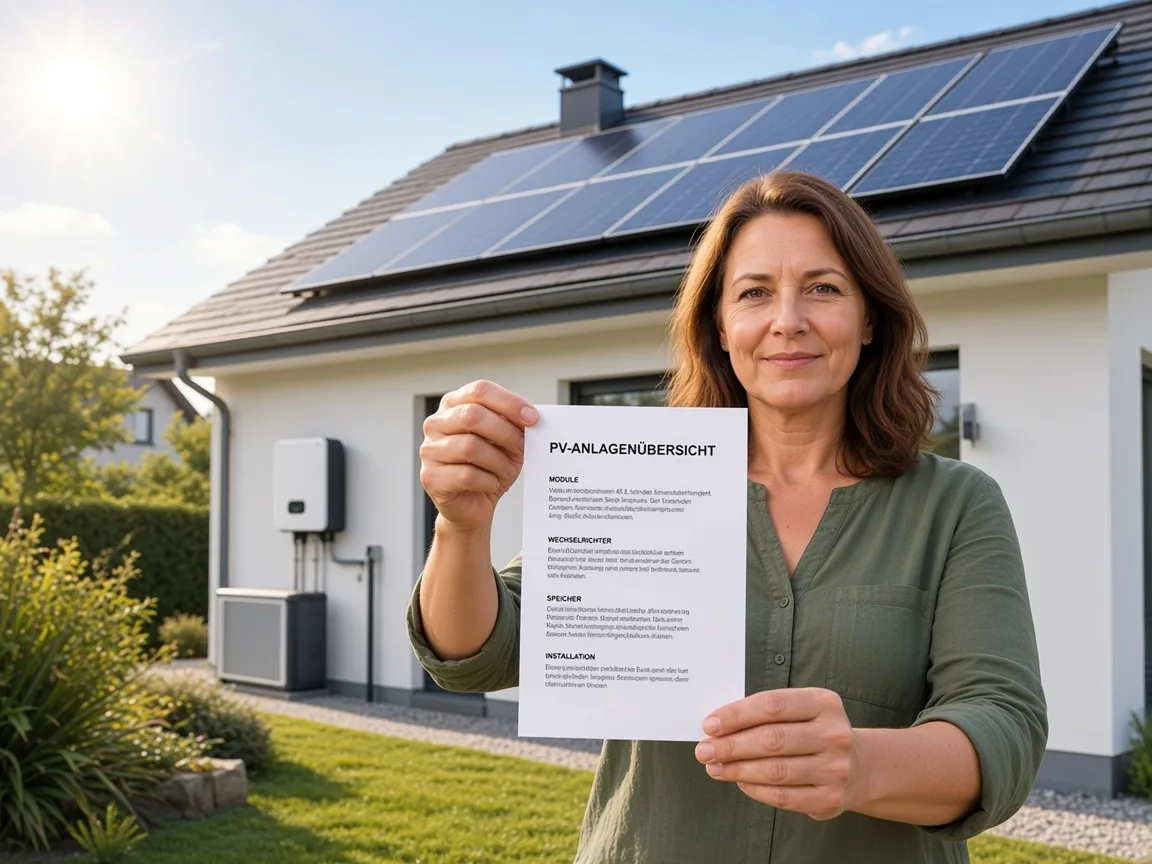 Hausbesitzerin mit PV-Anlagenübersicht vor dem Eigenheim