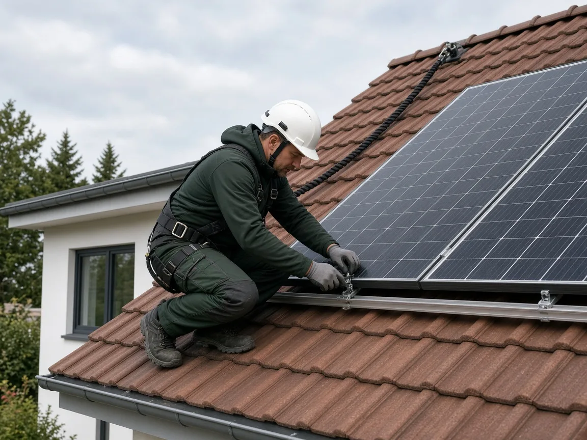 Fachkraft bei der Montage von Photovoltaikmodulen